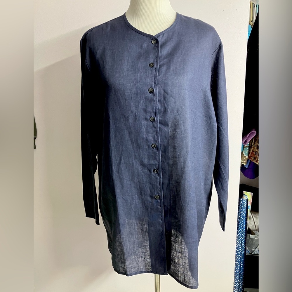 AKA Eddie Bauer Women’s 100% Linen Tunic Top, Large, Blue, Long Sleeves, Chic